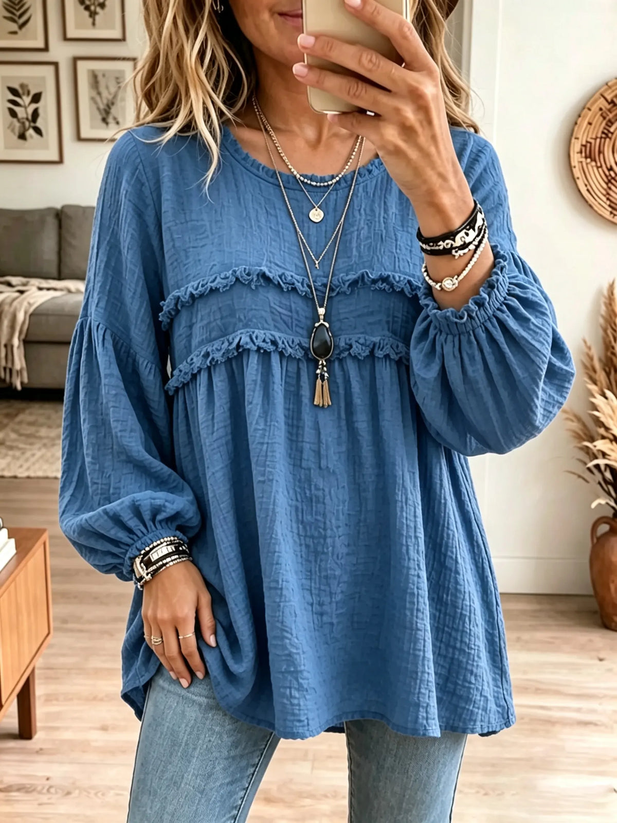 Blusa túnica babydoll de mujer con textura arrugada y volantes