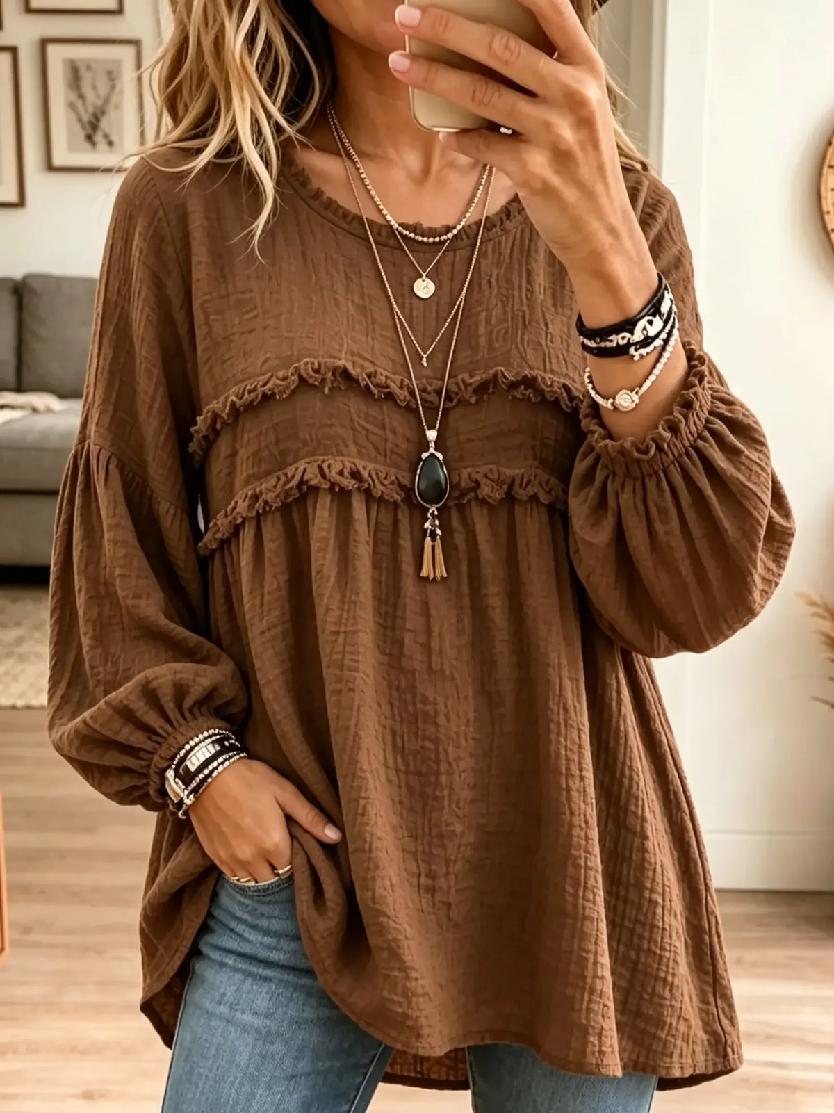 Blusa túnica babydoll de mujer con textura arrugada y volantes