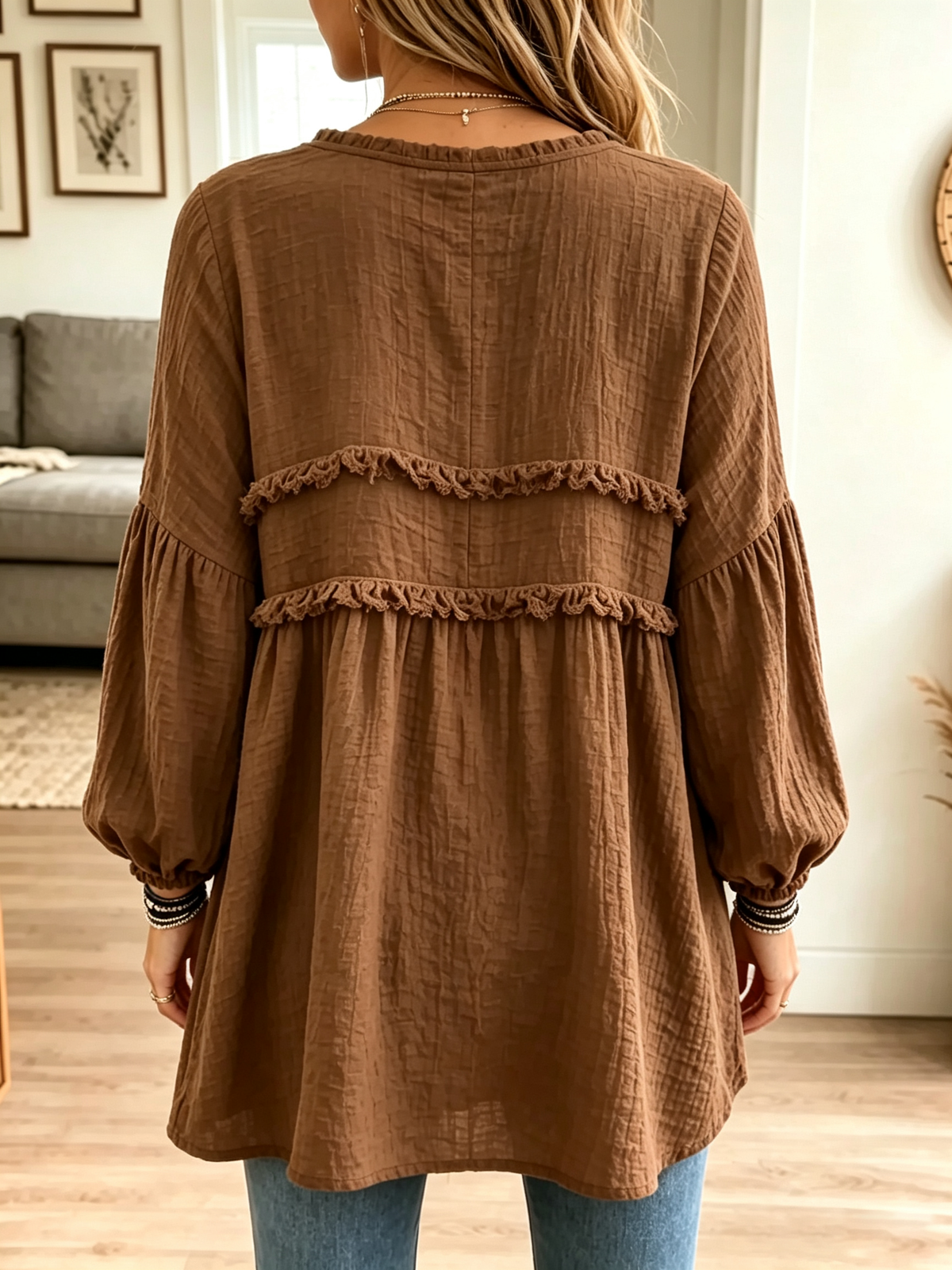 Blusa túnica babydoll de mujer con textura arrugada y volantes