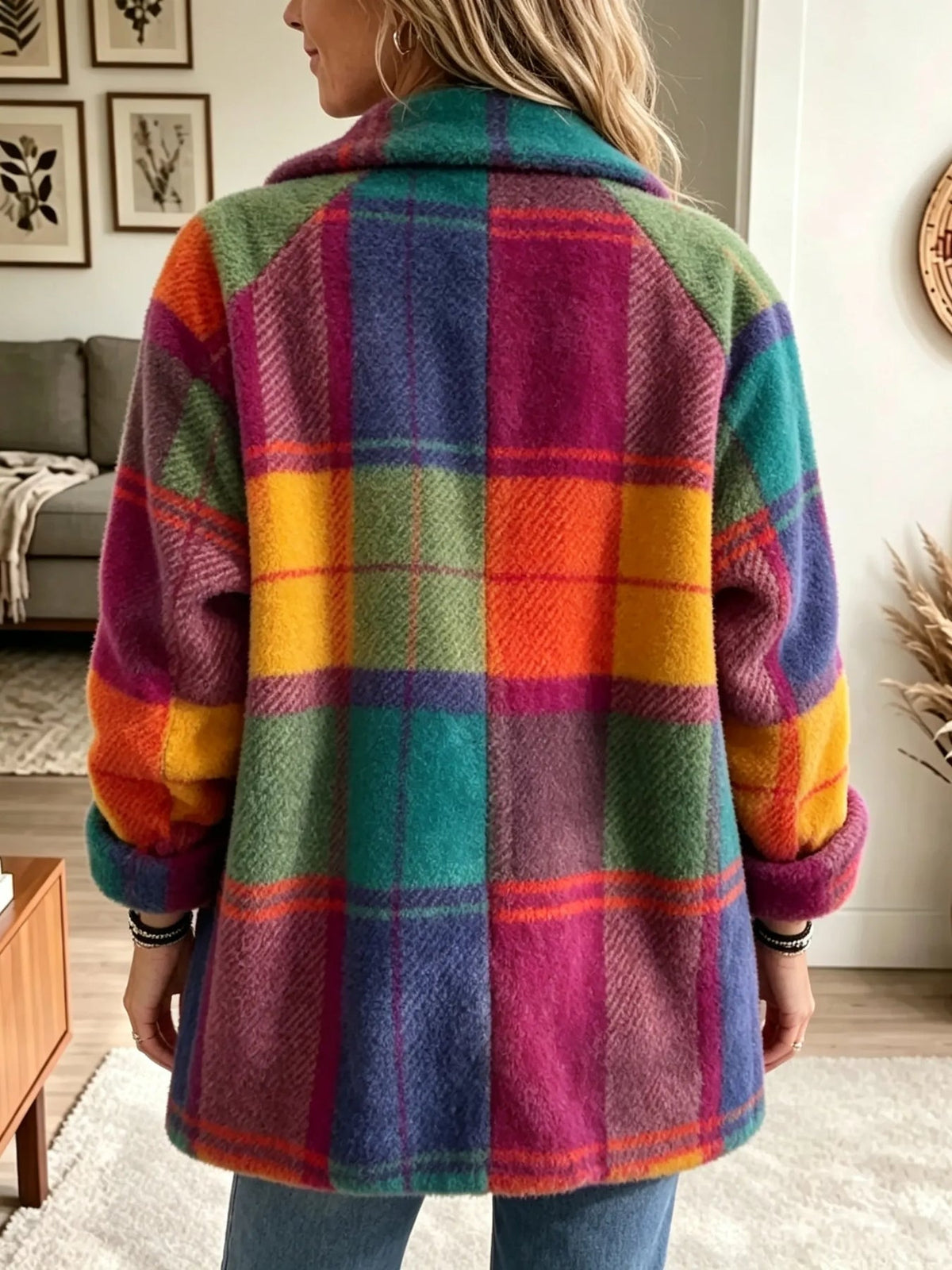 Chaqueta elegante vintage de mezclilla con cuadros y patchwork