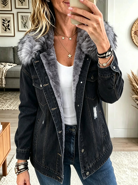 Chaqueta vaquera para mujer con cuello de piel sintética y forro polar