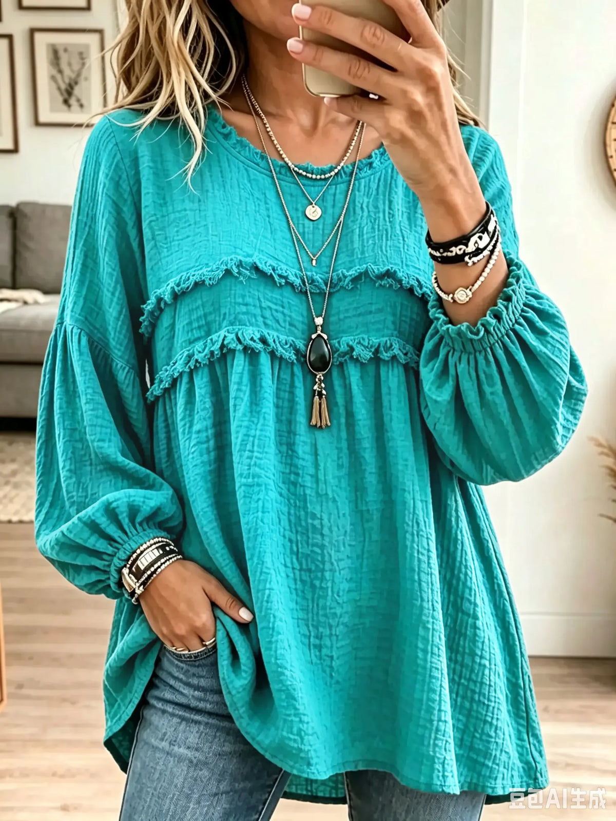 Blusa túnica babydoll de mujer con textura arrugada y volantes