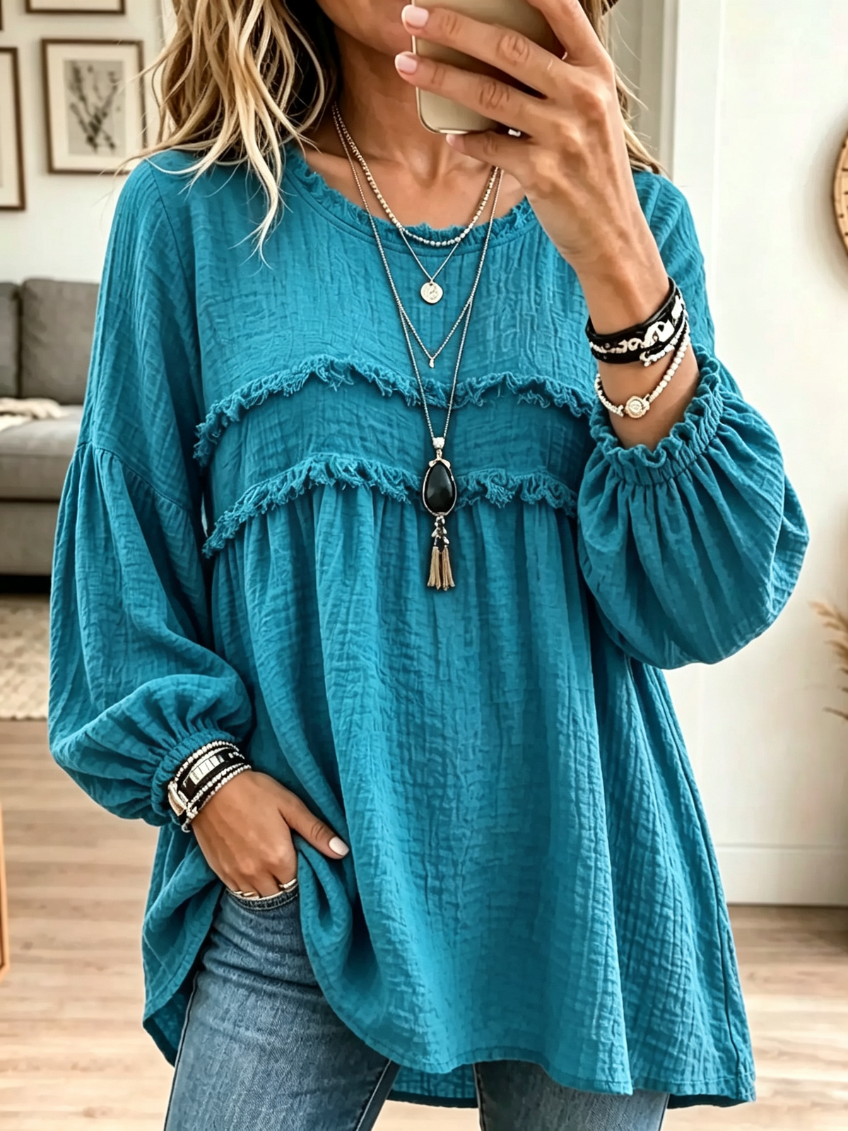 Blusa túnica babydoll de mujer con textura arrugada y volantes