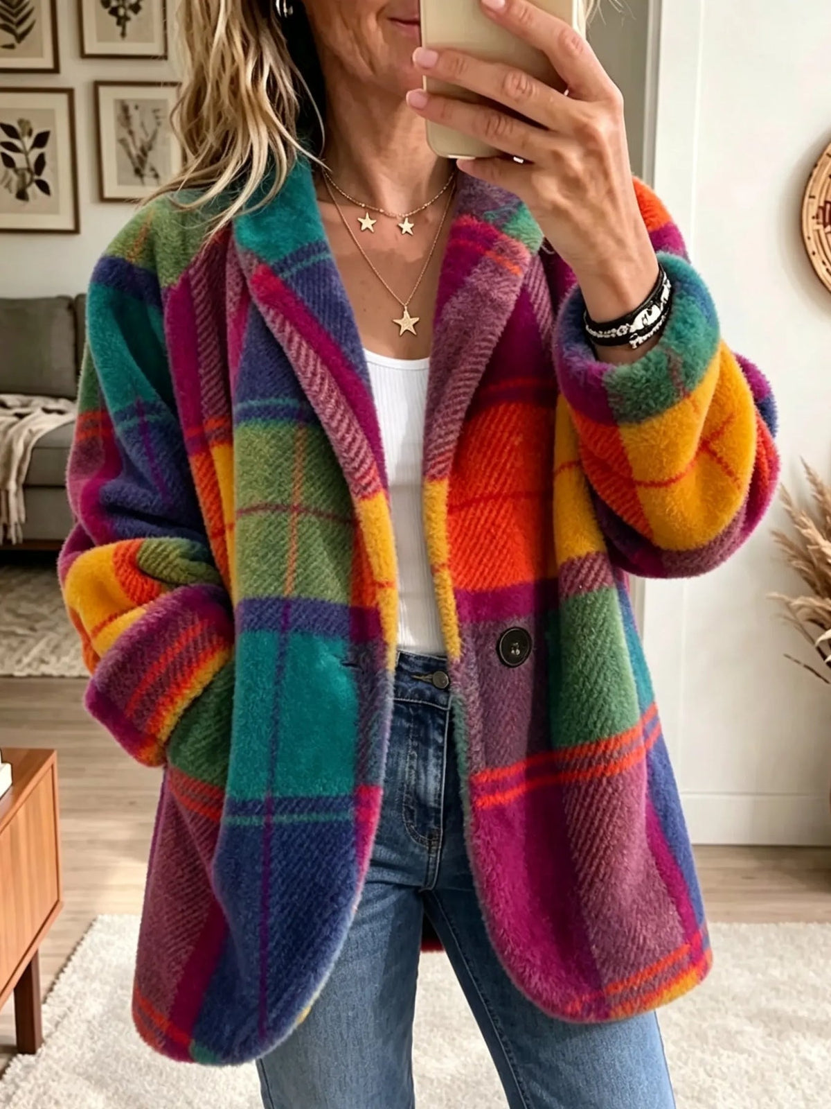Chaqueta elegante vintage de mezclilla con cuadros y patchwork