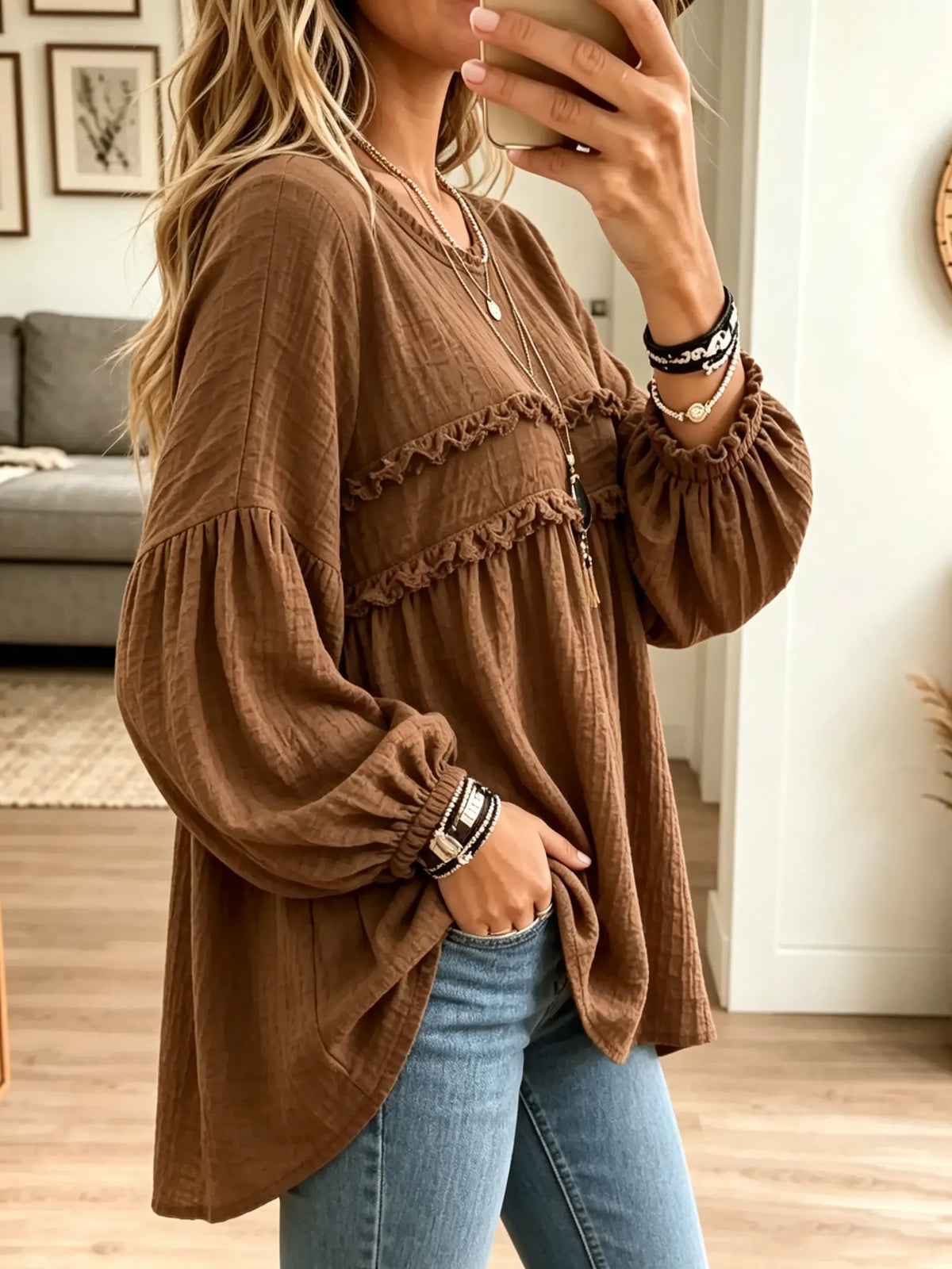 Blusa túnica babydoll de mujer con textura arrugada y volantes