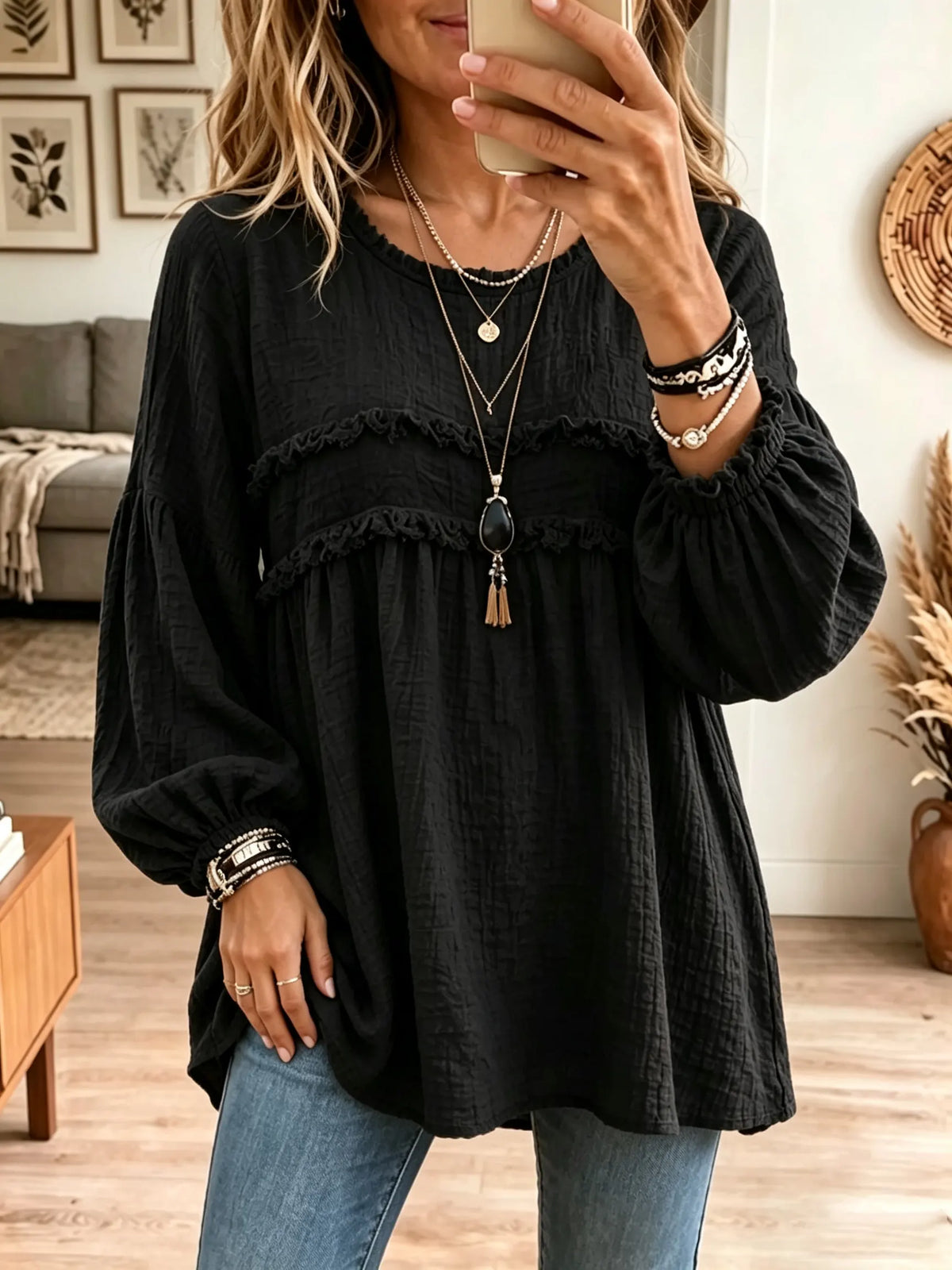 Blusa túnica babydoll de mujer con textura arrugada y volantes
