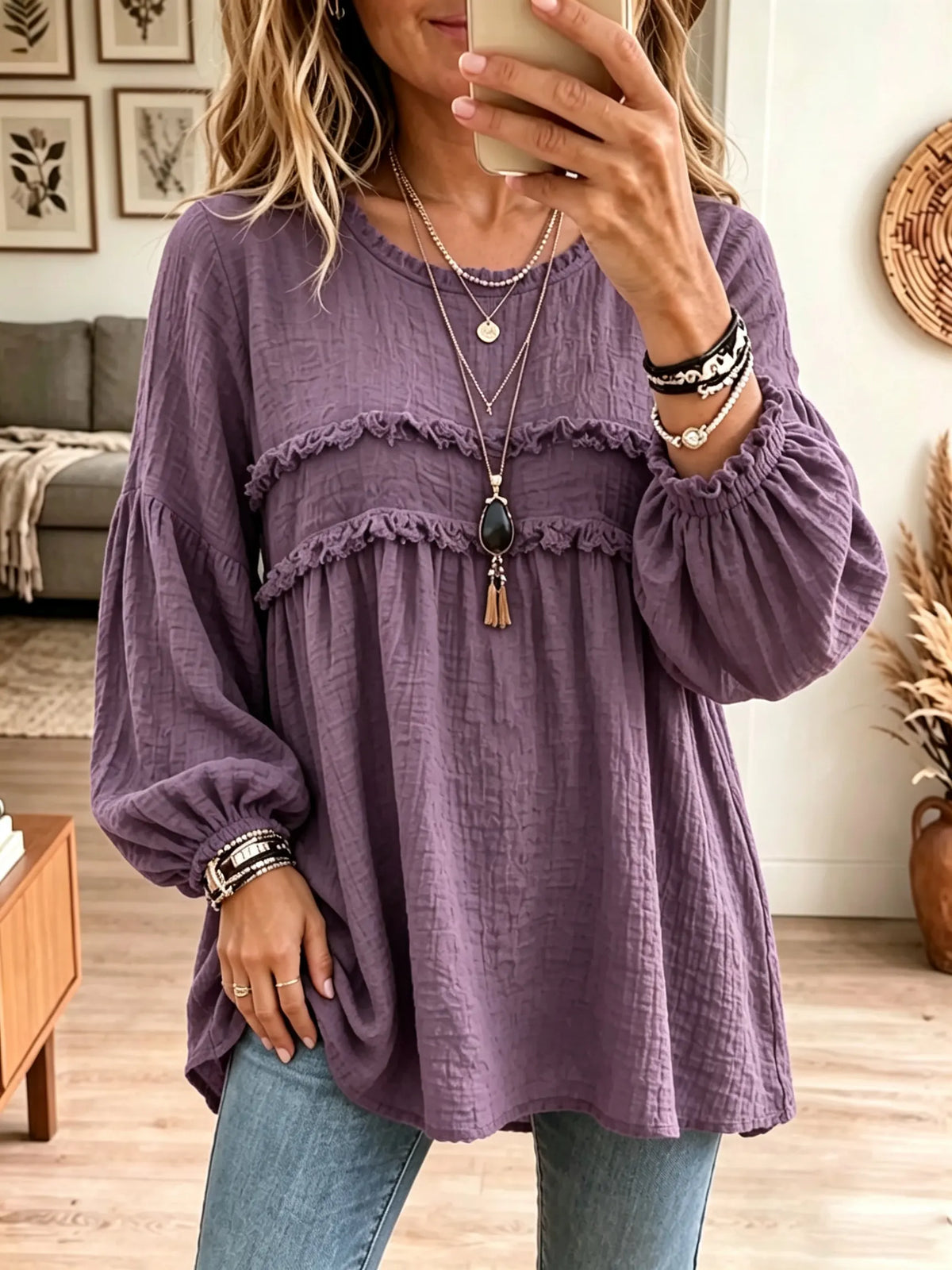 Blusa túnica babydoll de mujer con textura arrugada y volantes