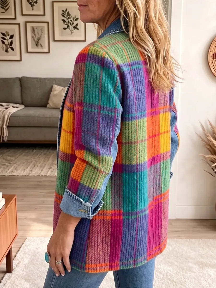 Chaqueta elegante vintage de mezclilla con cuadros y patchwork