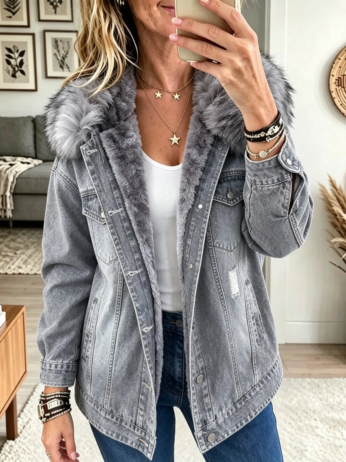 Chaqueta vaquera para mujer con cuello de piel sintética y forro polar