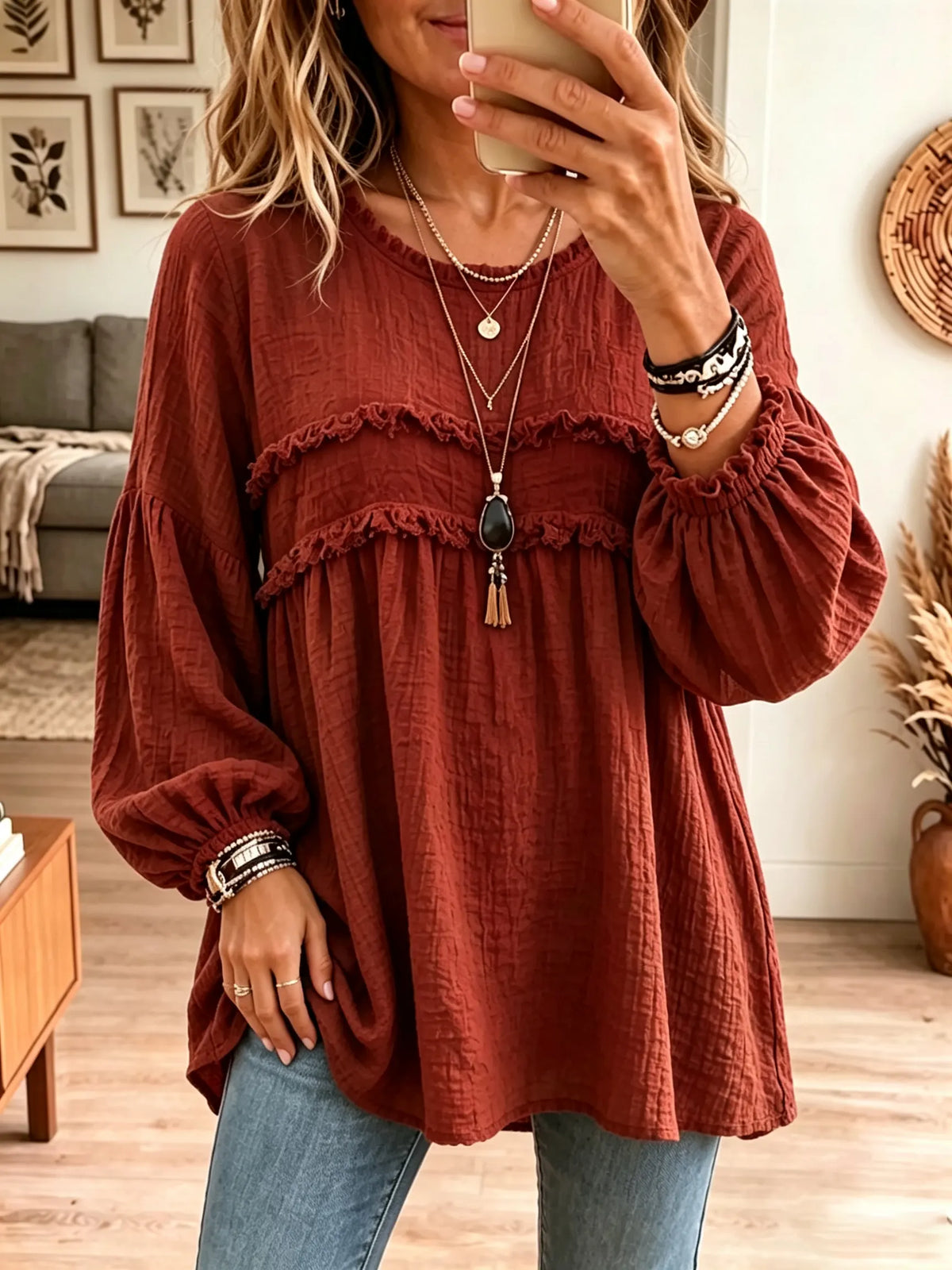 Blusa túnica babydoll de mujer con textura arrugada y volantes