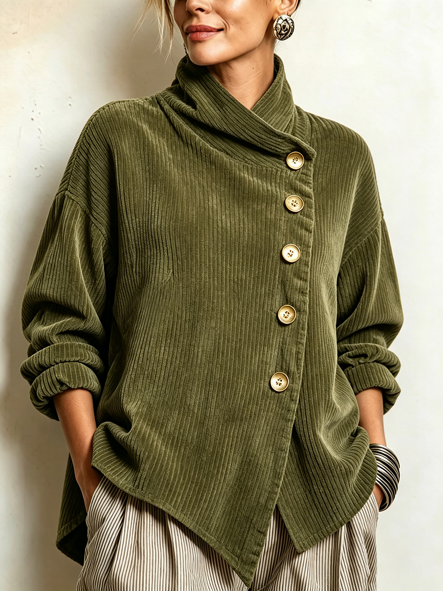 Top de pana asimétrico y elegante con cuello alto tipo embudo