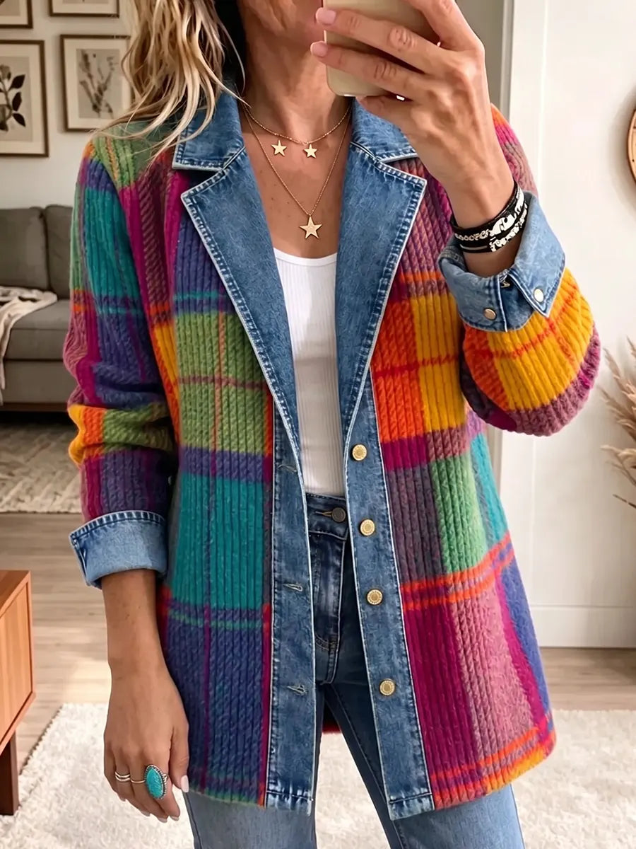 Chaqueta elegante vintage de mezclilla con cuadros y patchwork