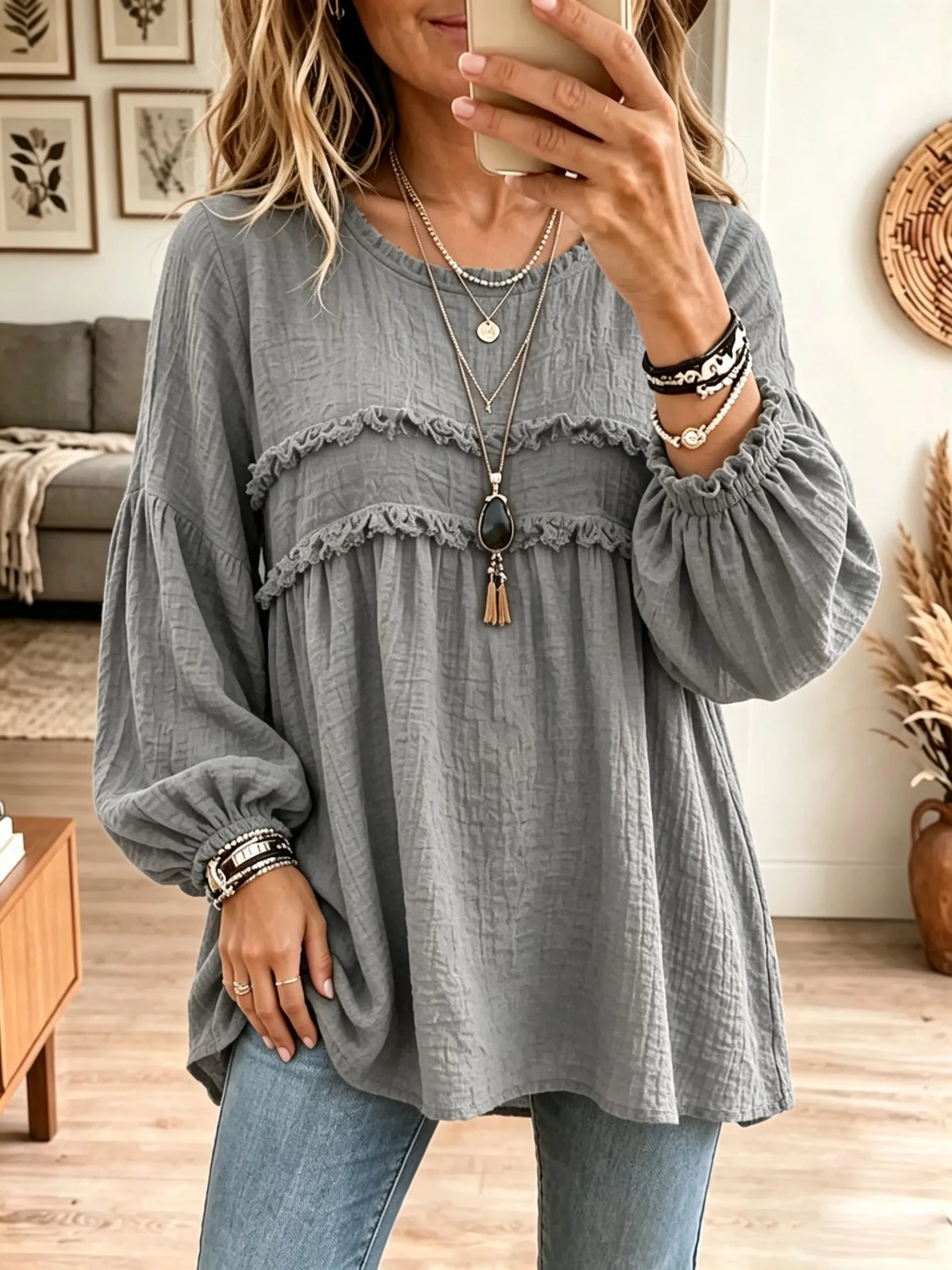 Blusa túnica babydoll de mujer con textura arrugada y volantes